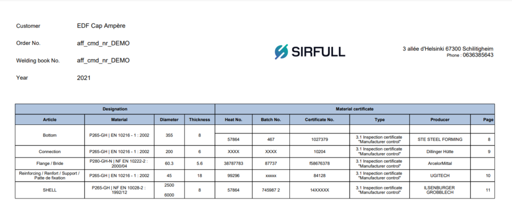 (image 9 : Welding Material Certificate MDR PDF report - Sirfull Welding software)