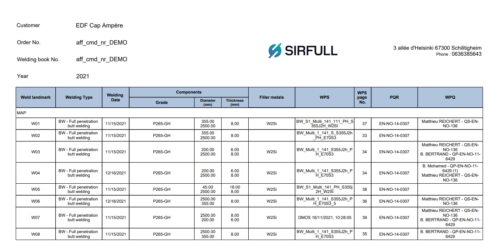 (image 2: Weld traceability record, Manufacturer Data Report PDF tool - Sirfull Welding software)